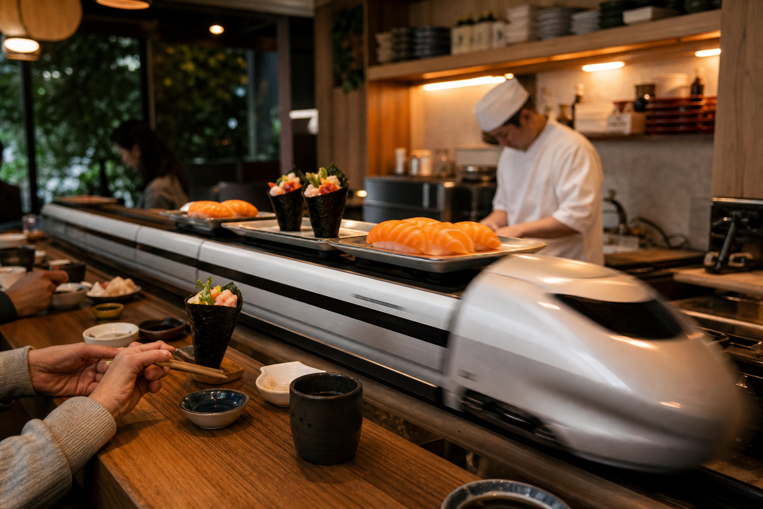 A cozy Vancouver sushi bar with a miniature bullet train delivering nigiri and hand rolls to tables, warm lighting, wooden counters, subtle motion blur on the train, appetizing sal