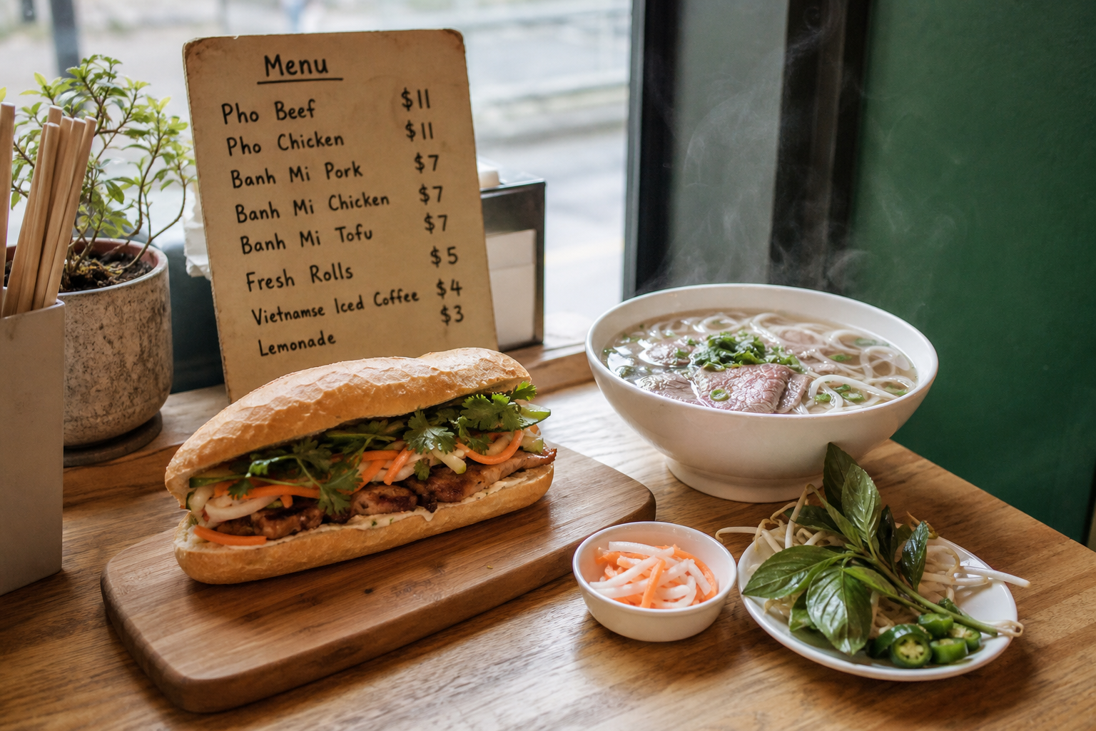 A warm, realistic Vancouver lunch counter scene with a Vietnamese bánh mì on a cutting board, a steaming bowl of pho beside it, pickled daikon and carrot in small bowls, fresh herb