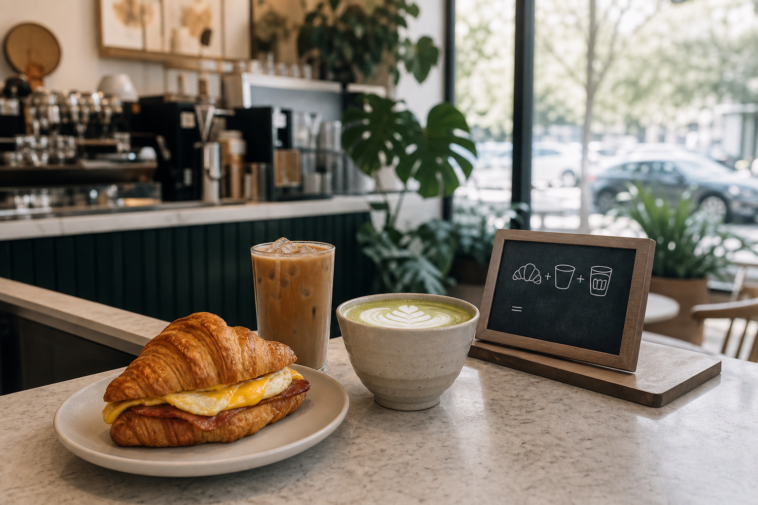 A Vancouver café counter with a premium breakfast sandwich on a croissant, a chilled iced coffee, a matcha latte, and a small sign showing combo pricing. Natural daylight, clean mo