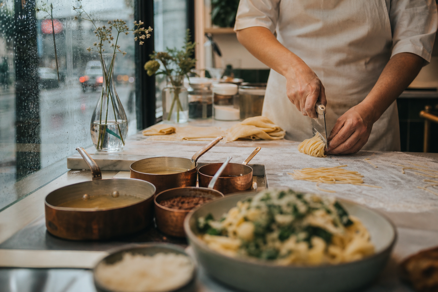 A warm Vancouver café counter with handmade fresh pasta being rolled and cut by hand, a small lineup of sauce pans, a finished customizable pasta bowl in the foreground, rainy city