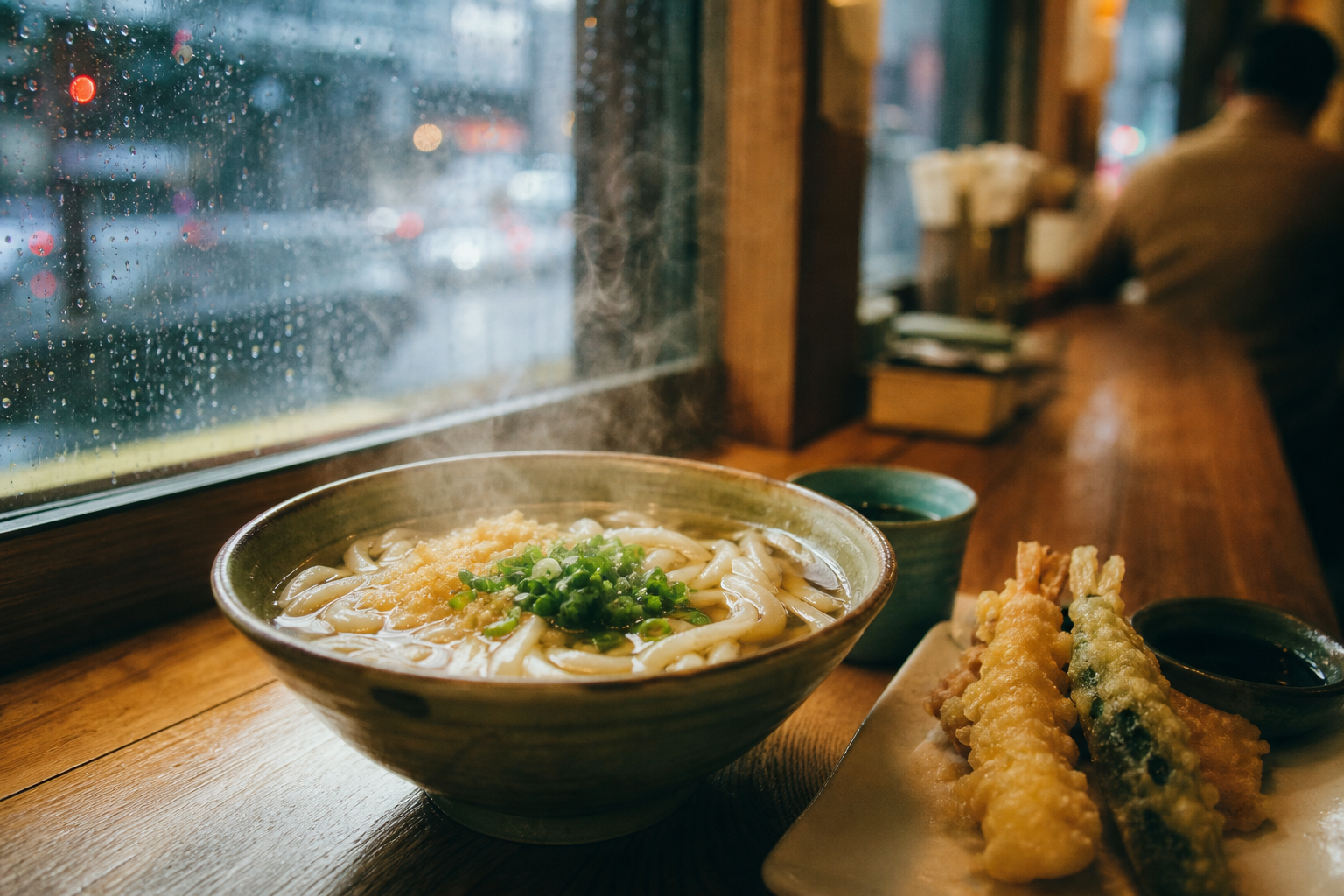 A warm Vancouver noodle counter on a rainy evening. A steaming bowl of Sanuki-style udon in a ceramic bowl, thick noodles, glossy broth, green onion, tempura on the side. Natural l