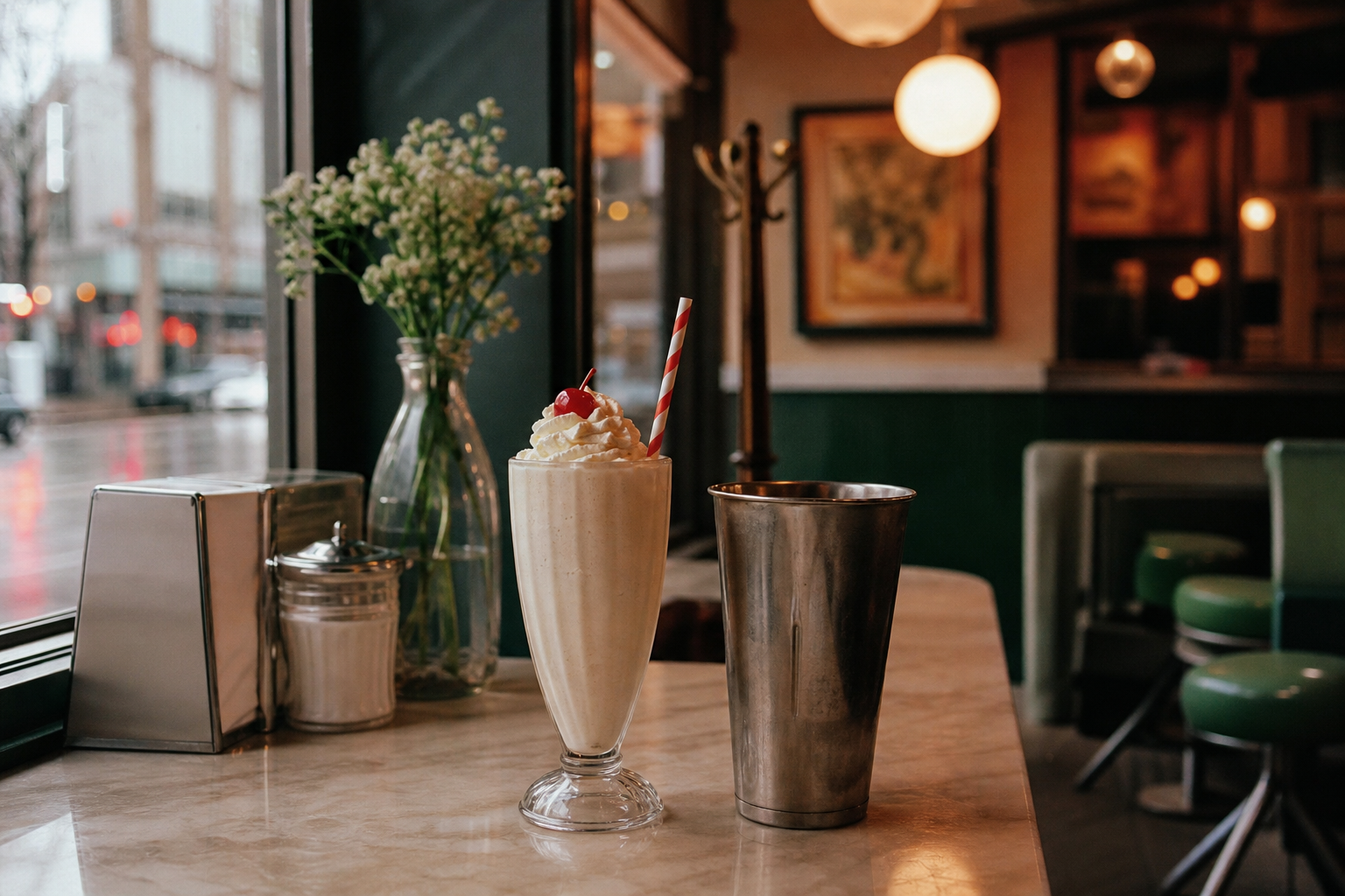 A cozy Vancouver diner counter with a classic old-fashioned milkshake in a tall glass, whipped cream and cherry, stainless steel mixing cup beside it, warm retro lighting, subtle r
