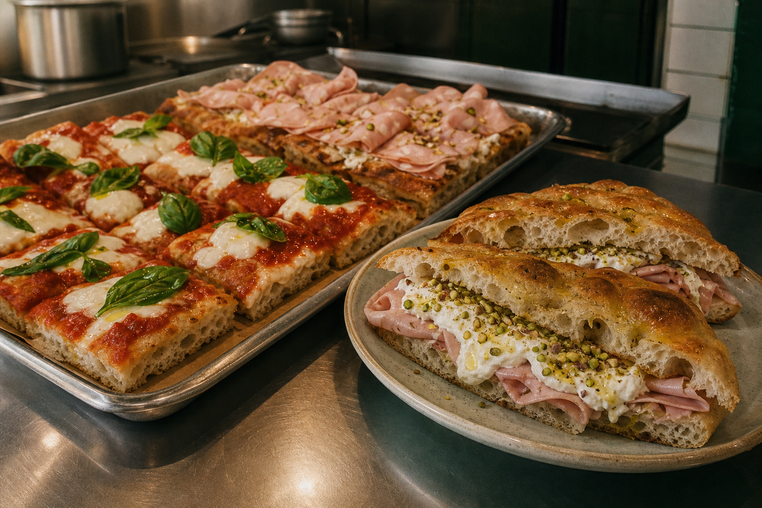 Editorial food photo in Vancouver: a tray of Roman-style pizza slices and a split schiacciata sandwich on a stainless steel counter, visible airy crumb, mortadella, stracciatella,