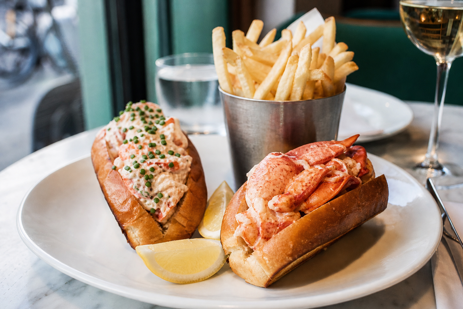 A realistic Vancouver restaurant tabletop scene with two lobster rolls on toasted buns, one Maine-style with mayo and chives and one Connecticut-style with melted butter, served on